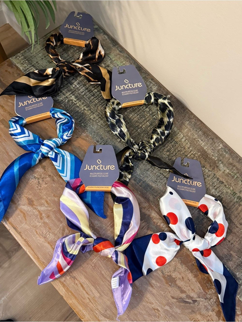 Set of 5 new assorted trendy square silky neck scarves. New with tag.